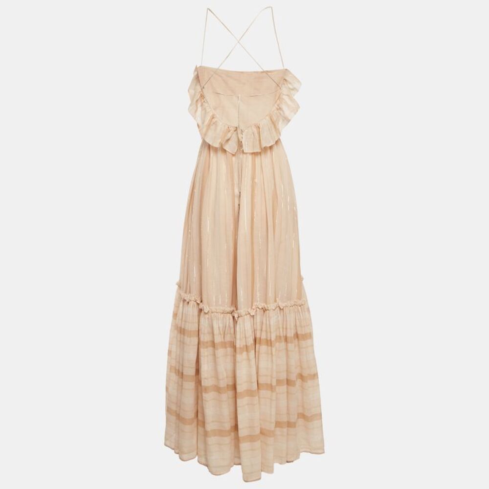 Zimmermann Beige Metallic Striped Cotton Tiered Maxi Dress M - Picture 2 of 6